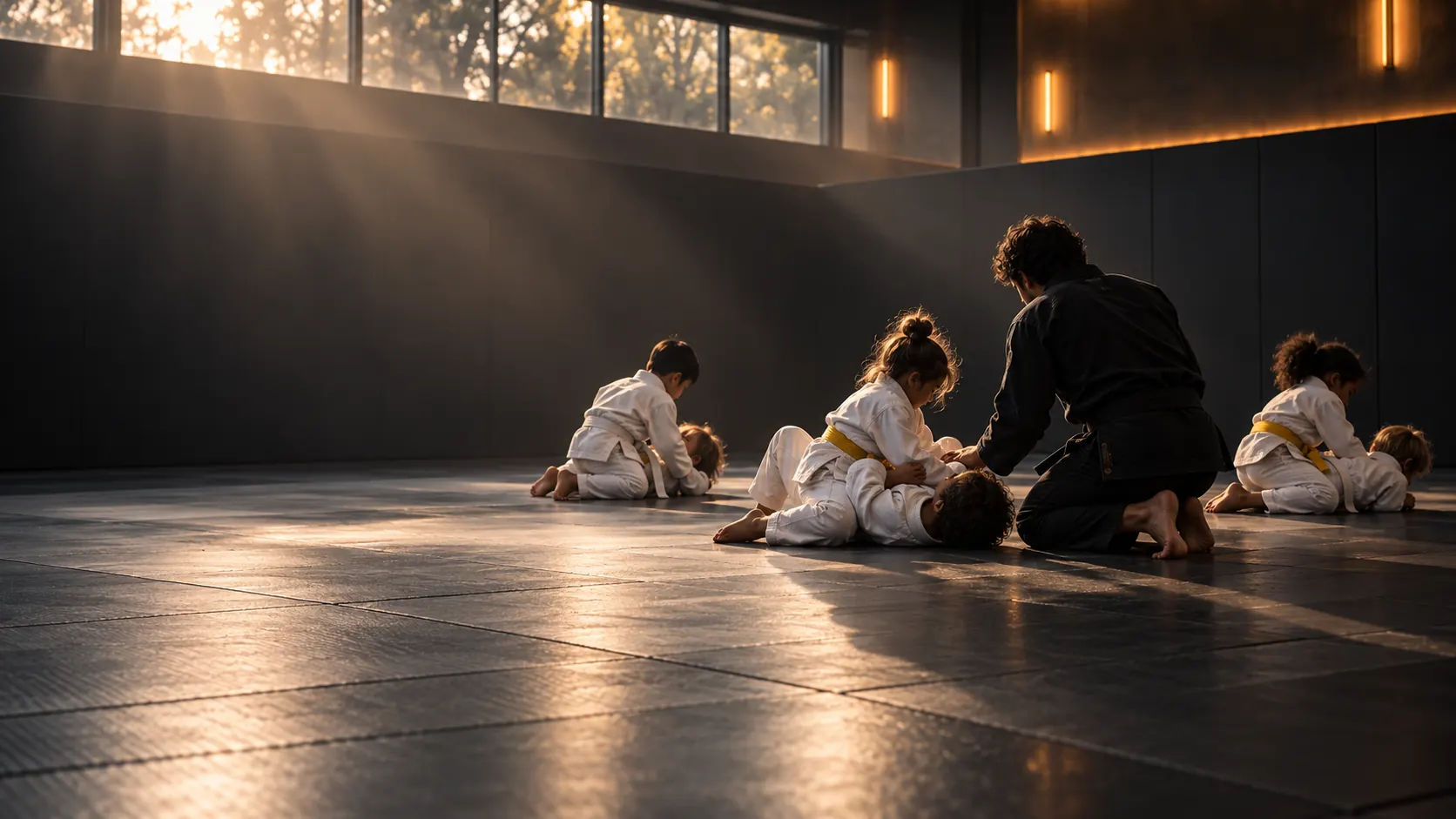 Crianças treinam jiu-jítsu com um instrutor, vistas de longe e sem rostos em destaque